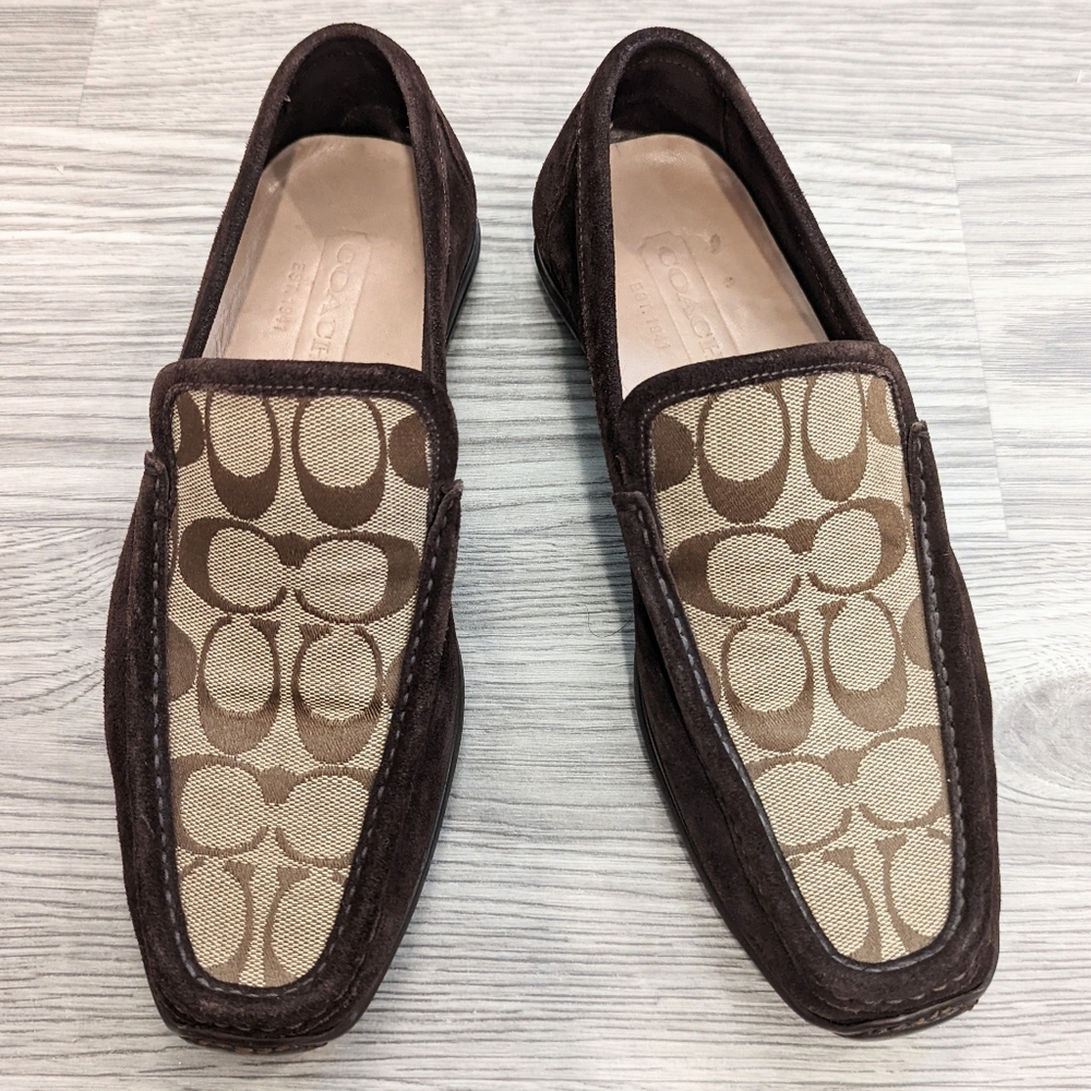 Coach Alec Signature Suede Loafer Driving Slip On Shoes Jacquard Monogram Logo